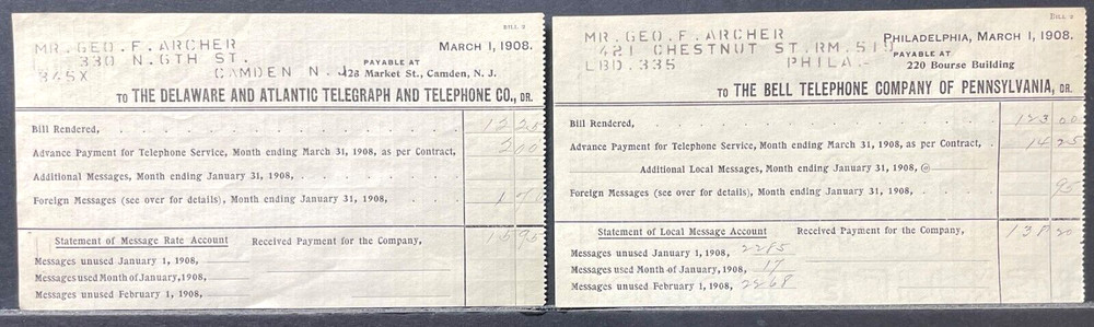 1908 Philadelphia Bell Telephone Envelope w Bills & Return Envelope
