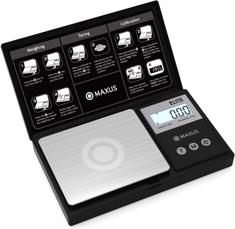 MAXUS Digital Pocket Gram Scale 500g x 0.01g High Precision Compact, Black