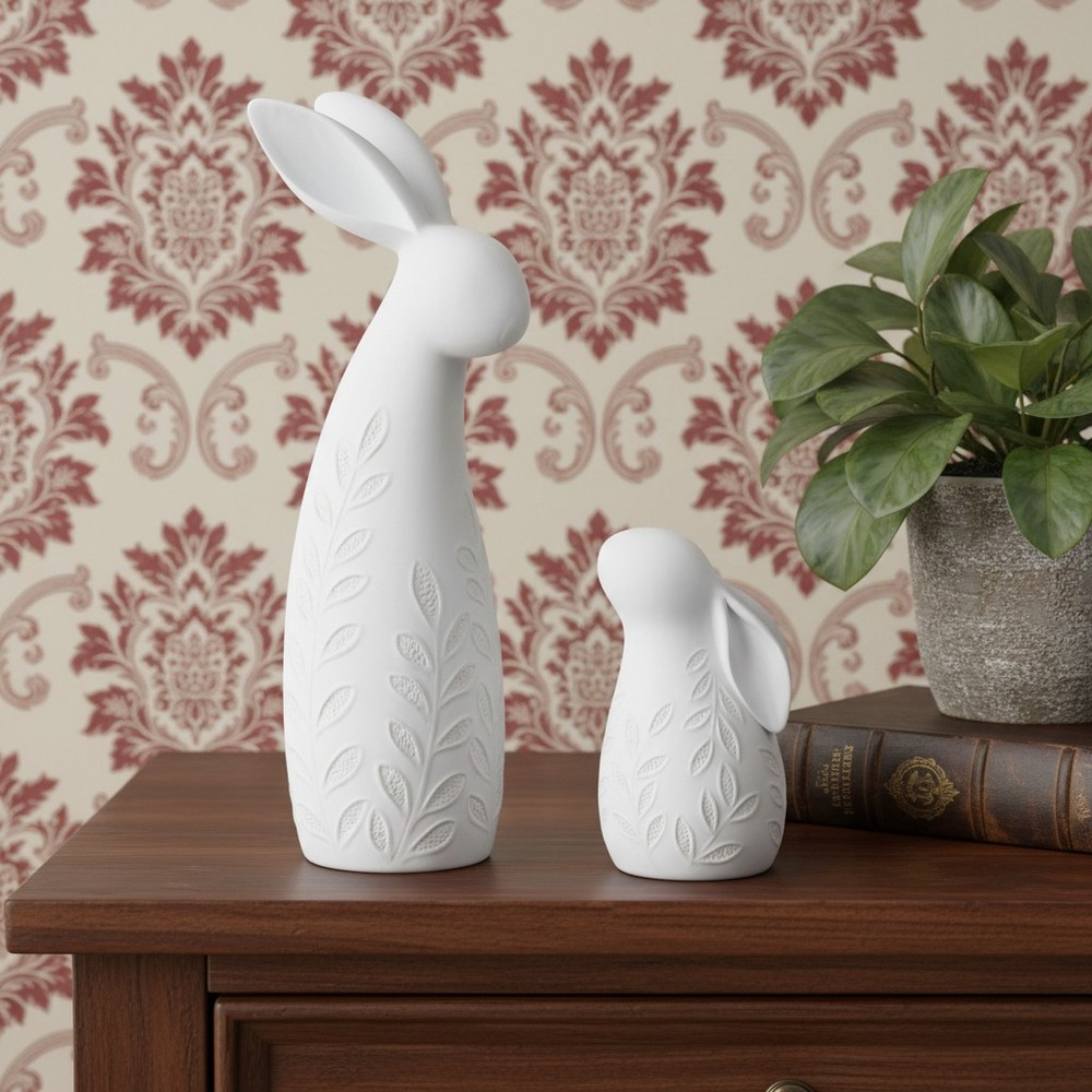 Set of Two White Polyresin Rabbit Figurines