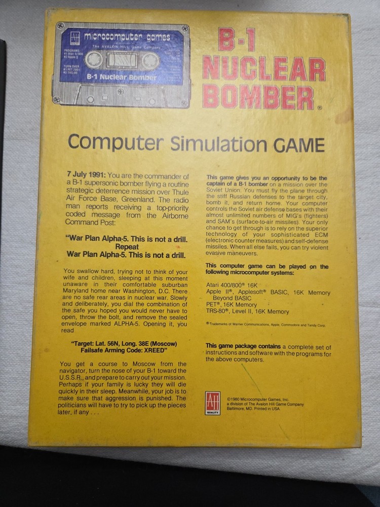 Avalon Hill B-1 Nuclear Bomber Cassette Microcomputer Game