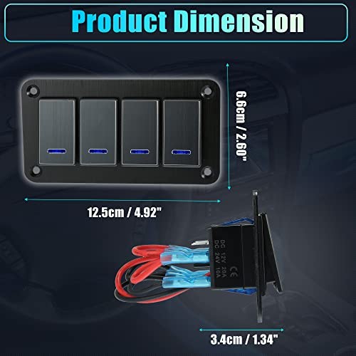 4 Gang Rocker Switch Panel 3 Pin on OFF Pre-Wired Toggle Switch Control Black