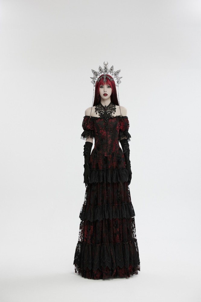 Gothic Moon Crescent Spiked Crown Headpiece with Beaded Fringe