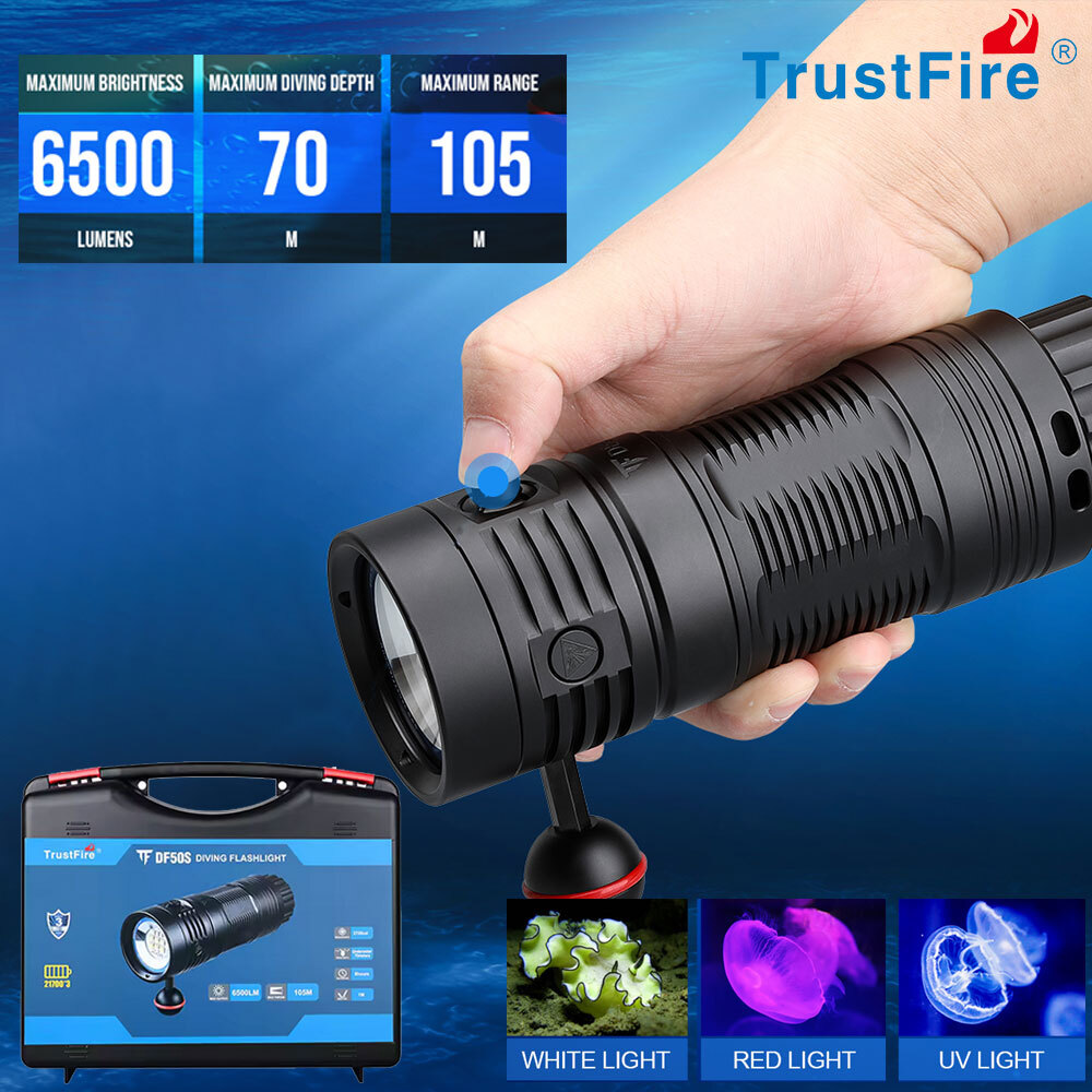Trustfire 6500LM W/R/UV TypeC Rechargeable led Diving Light LED Scuba Flashlight