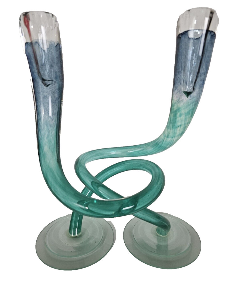 2-Michael Hudson Hand Blown Art Glass Twisted Candlesticks 11" Aqua Interlocking
