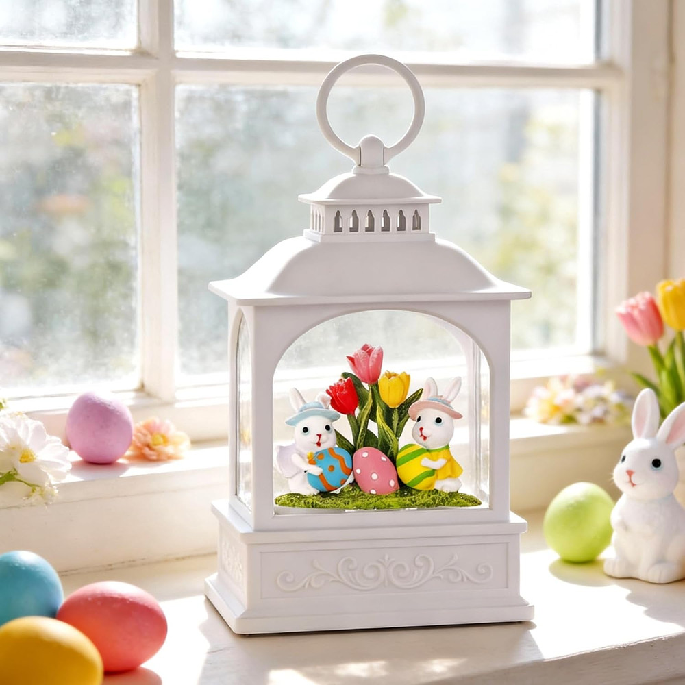 Easter Bunny Snow Globe, Easter Eggs Spring Snow Globe 6H Timer Glitter Lantern