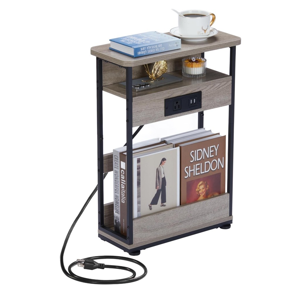 YEAKOO Narrow Side Table with Charging Station, 3-Tier End Table with 2 USB P...