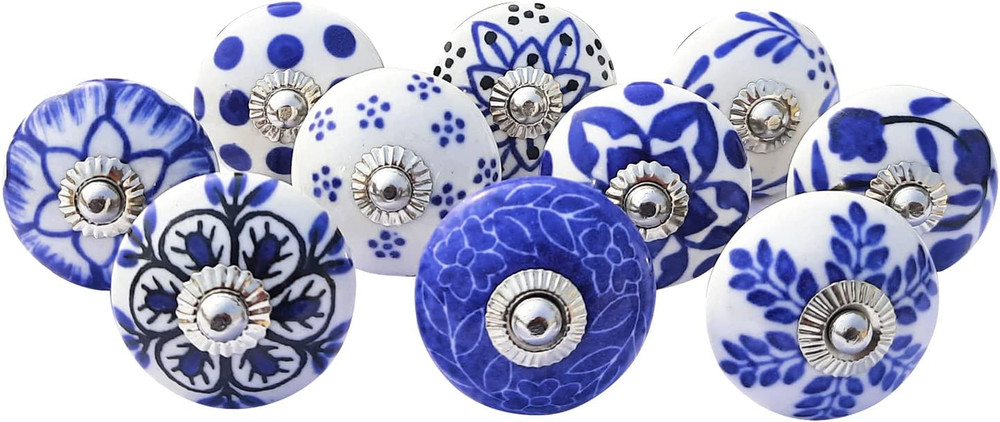 Vintage Blue Hand Painted Ceramic Pull Knobs for Kitchen Cabinet, Door & Drawer,