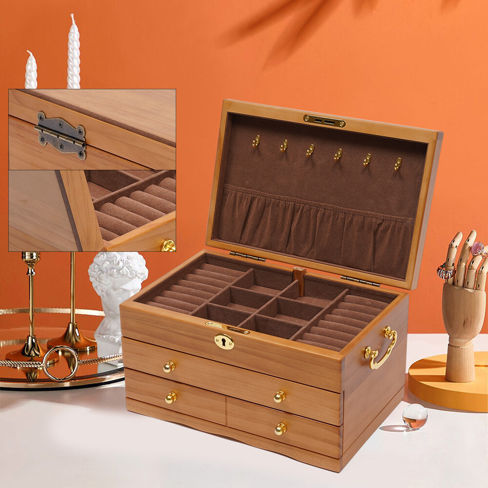 Vintag Pine Wood Jewelry Box with Lock/Soft Flocking Lining Non-Scratch Storage