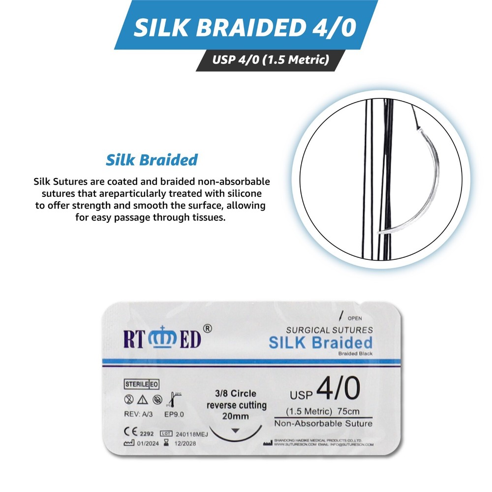 4/0 Silk Suture Practice Thread Kit Sterile Sutures Threads with Needle 12 Pack