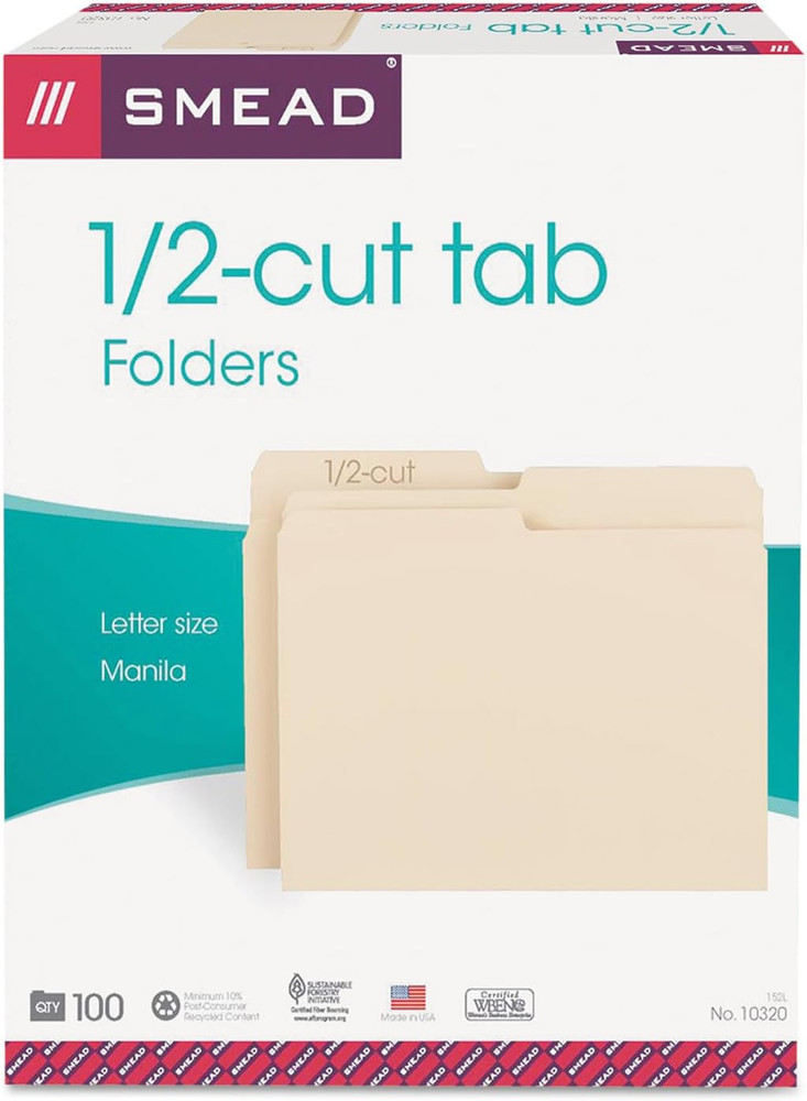 SuperTab File Folder, Oversized 1/2-Cut Tab, Letter Size, Manila File Folders, 1
