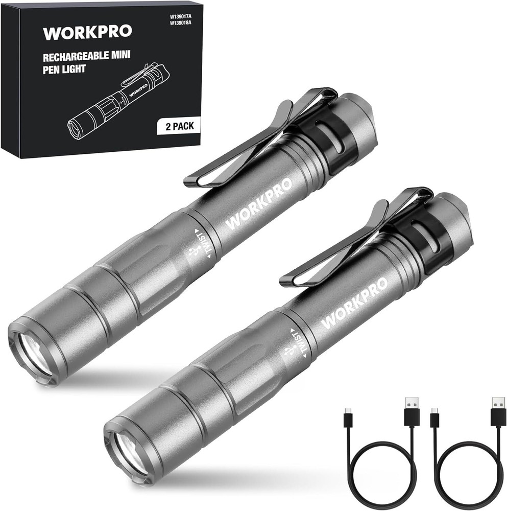 WORKPRO Rechargeable Pen Light Mini Flashlight 2 Pk Ultra-Compact EDC Flashlight