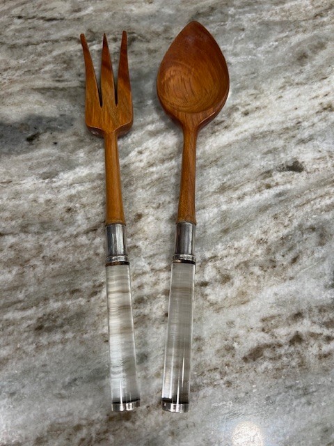MCM Teak Salad Serving Fork and Spoon With Lucite Handles
