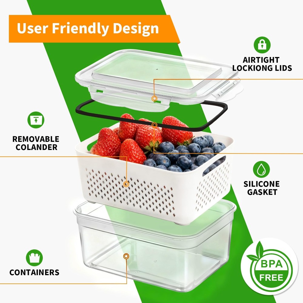 5-Pack Large Fruit Storage Containers for Fridge with Removable Colander, 2 i...
