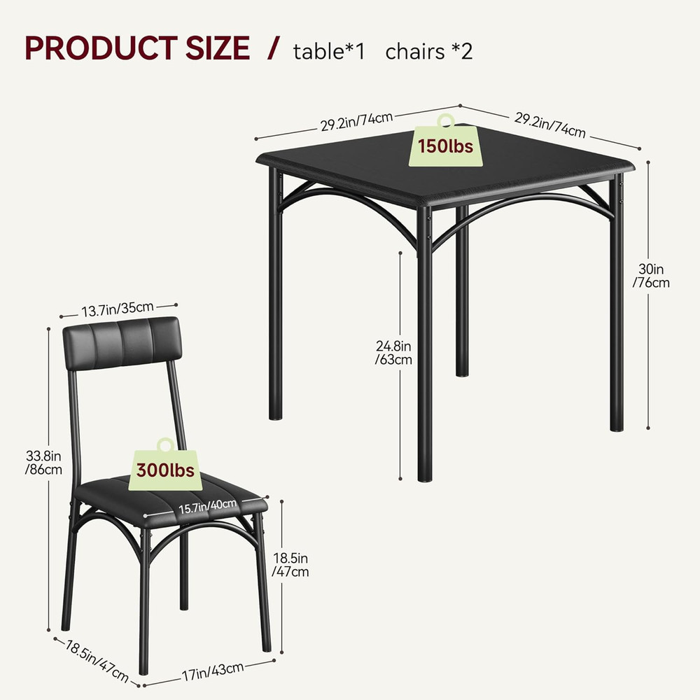 Compact 3-Piece Dining Set for 2 with Cushioned Chairs - Black Finish
