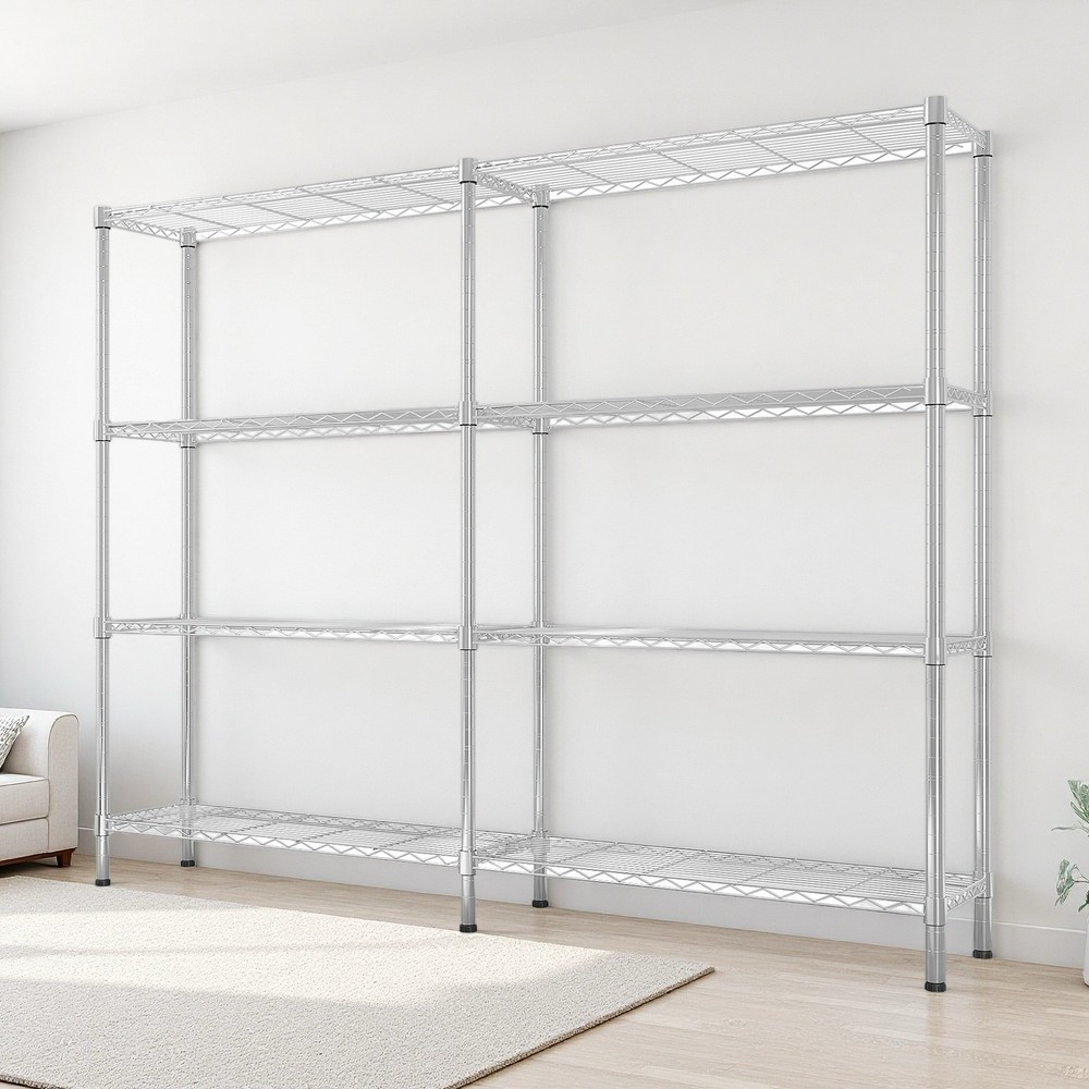 4-Tier Wire Shelving Unit 2-Column - Heavy Duty, Adjustable, Modular & Silver