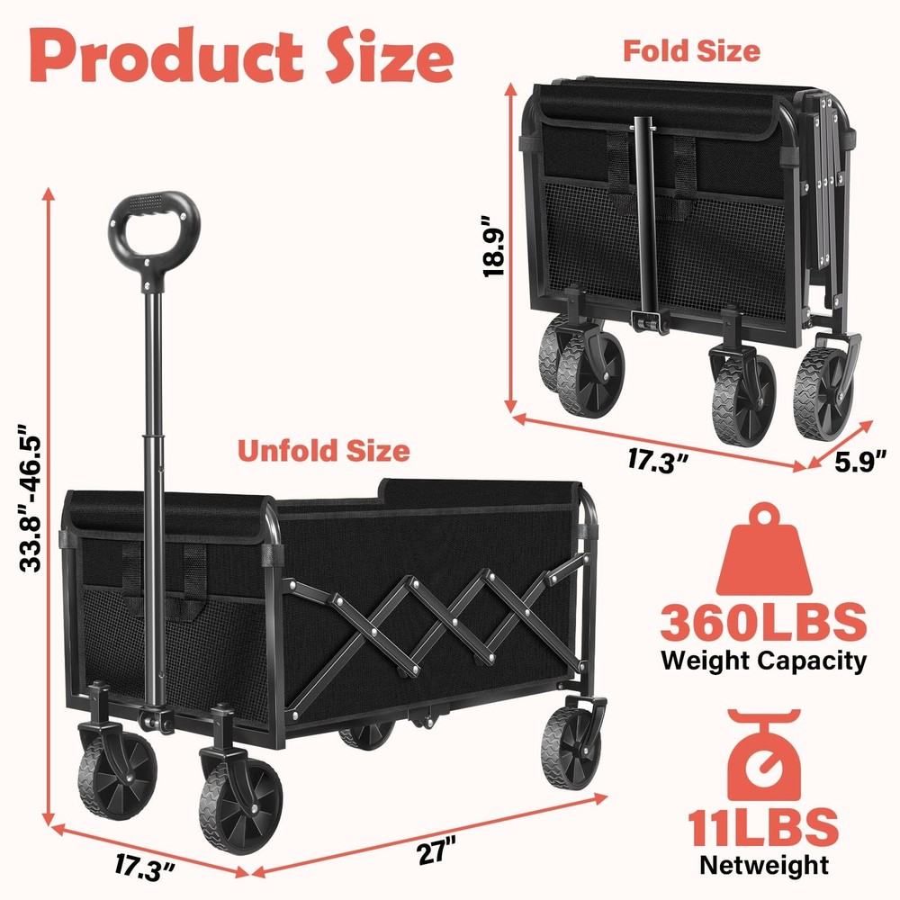 Wagons Carts Foldable, 360 Lbs with Adjustable Handle, Black Lightweight Port...