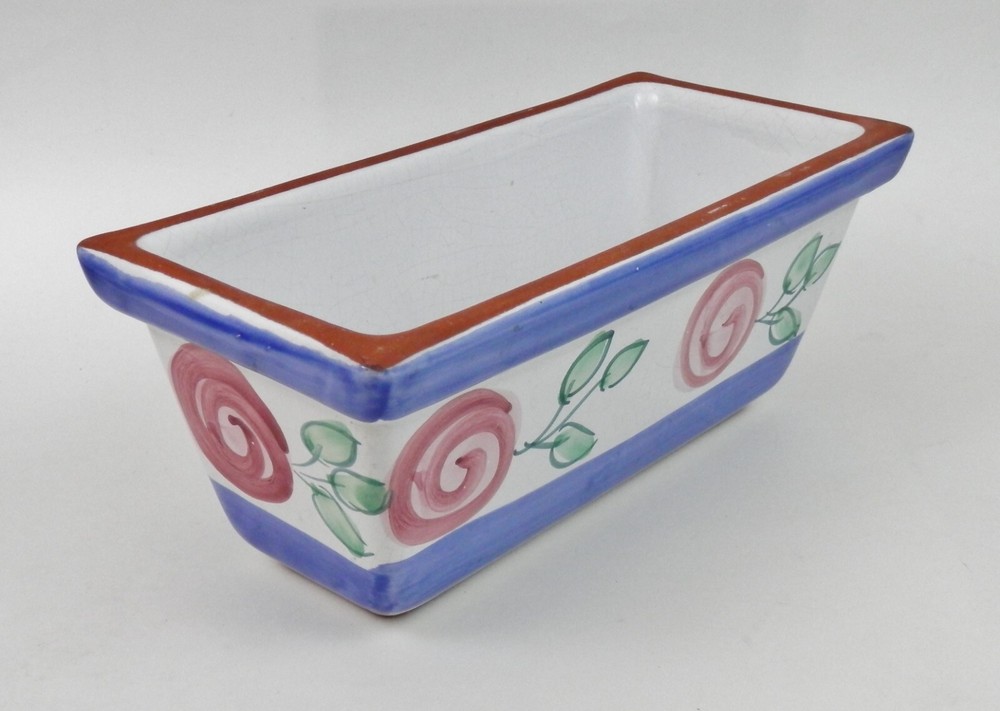 Vintage Clay Pottery Floral Rectangular Planter Blue Pink Green
