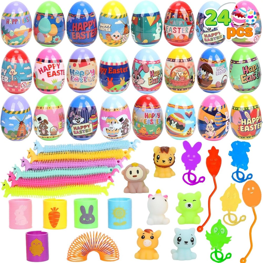 24 Pack Easter Eggs with Toy Inside,Includes Coil Springs,Squishies,Sticky Hands