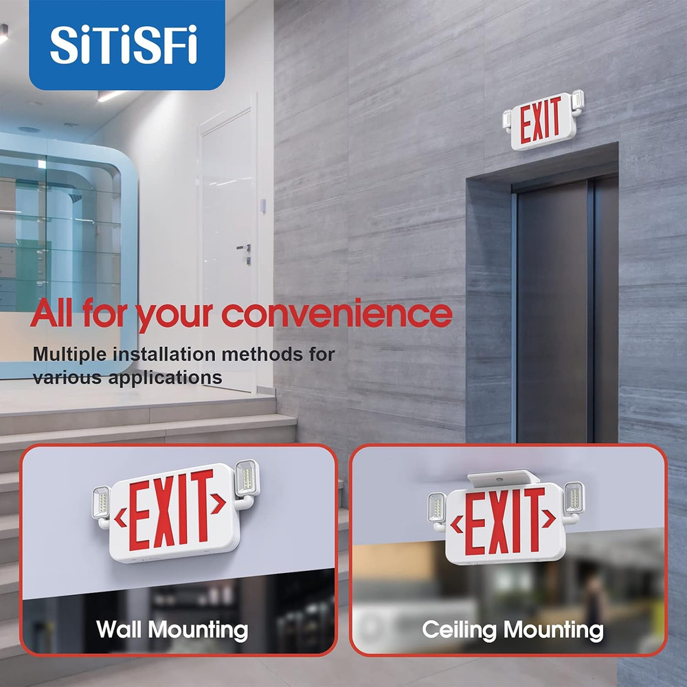 Led Combo Emergency Exit Sign Light with Two Adjustable Head Lights and Backup B