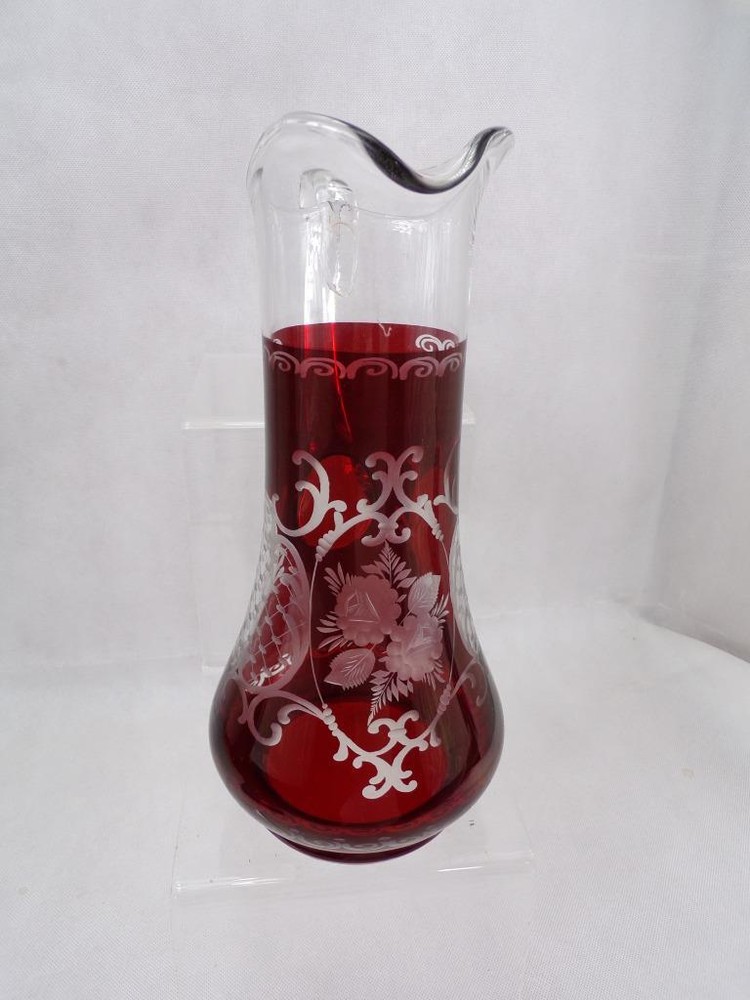 Vintage flashed ruby glass jug cut to clear W10