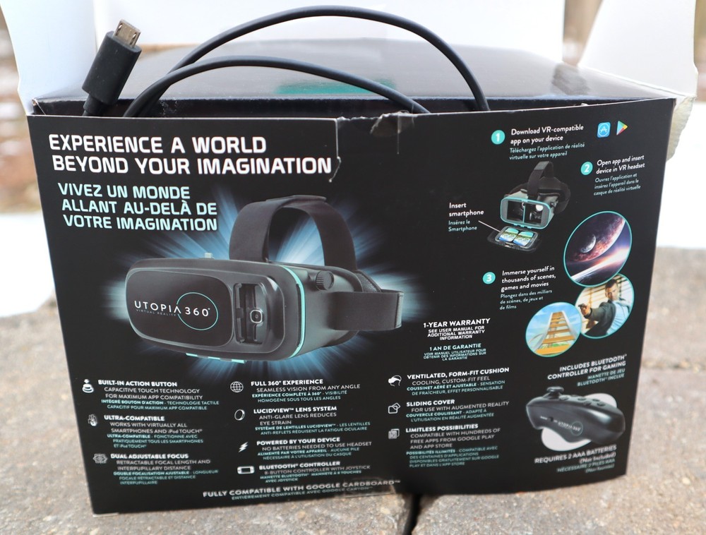 Utopia 360 Virtual Reality 3D Headset + Bluetooth Controller In Original Box