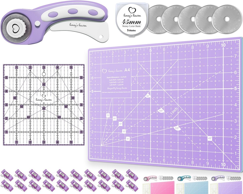 Set - 45mm Fabric Cutter, 5 Replacement Blades, A4 Cutting Mat, Acrylic Ruler