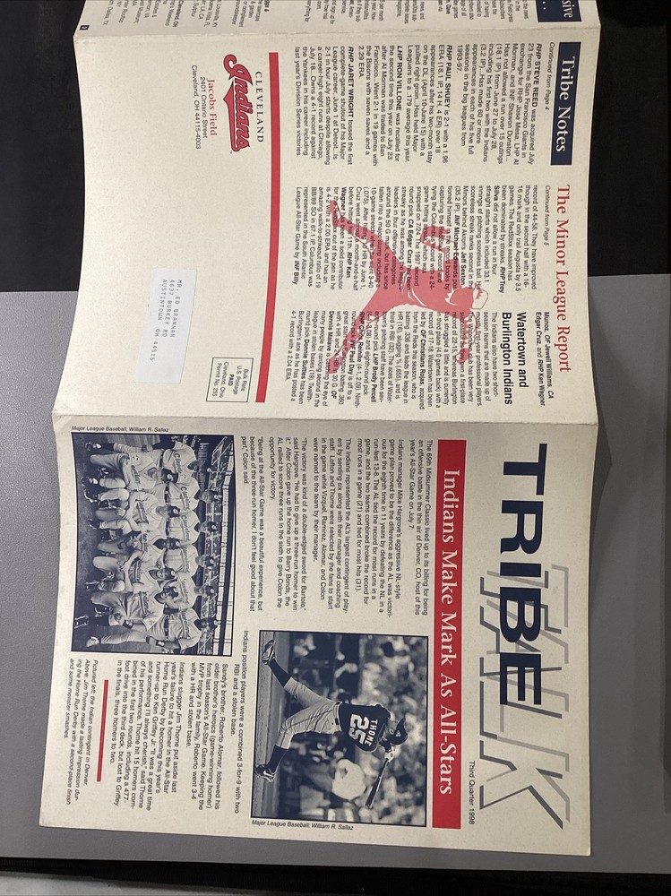 1998 Cleveland Indians Tribe Talk Baseball Information Fold Out Program Mailer