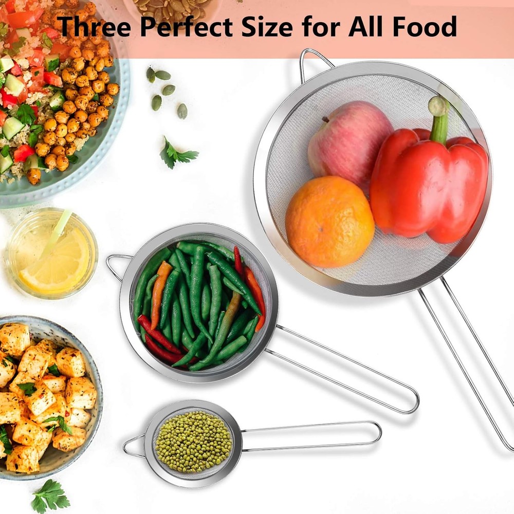 3Pcs Super Wire Extra Fine Mesh Strainer with Handle, Small Medium Silver
