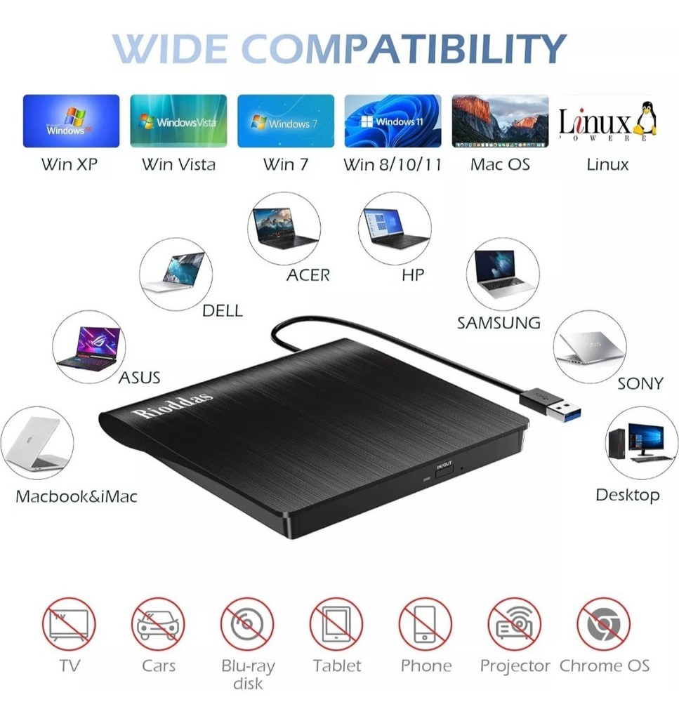 Rioddas External DVD/CD Drive Model BT638 - USB3.0 Pop-up Mobile External Sealed