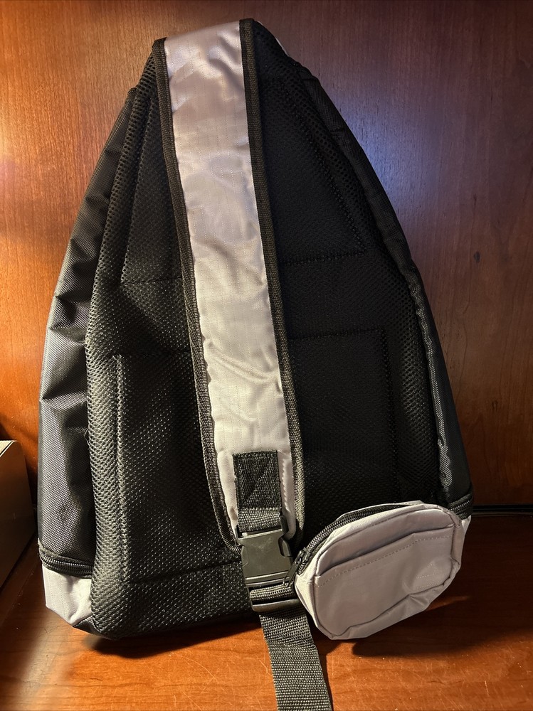 Sling Bag Backpack with Pouch on Strap, Black & Grey, front pocket