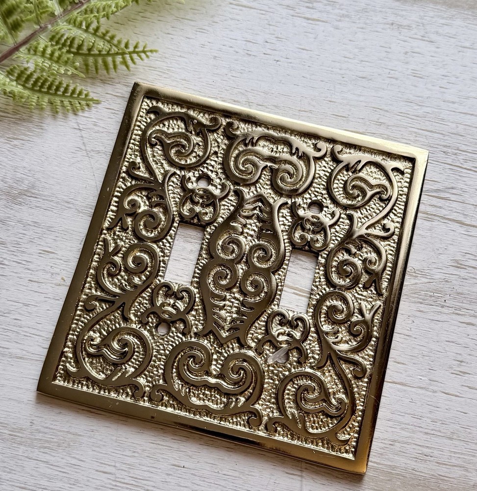 Gold Polished Double Toggle Plate Light Switch Cover Raised Scroll Design VTG