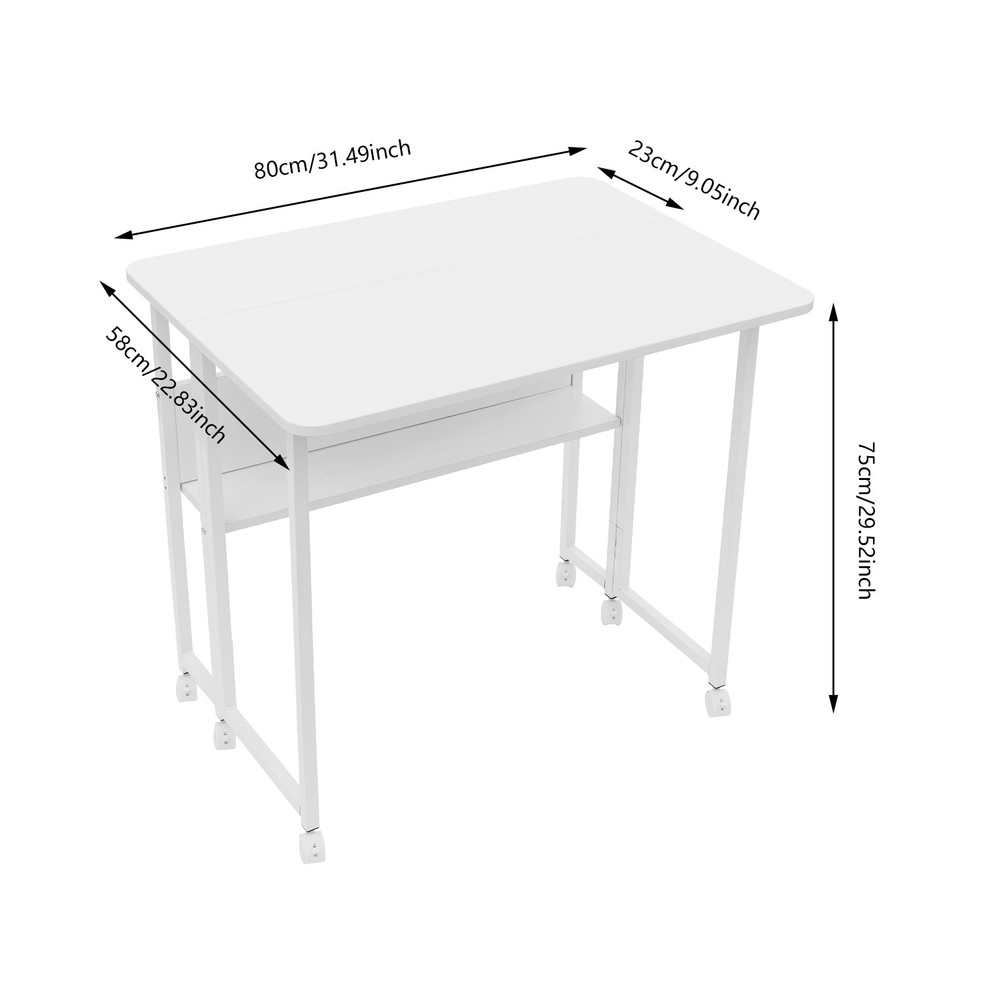 75cm(H) Computer Desk Freestanding Study Desk White Foldable Table W/ Six Wheels