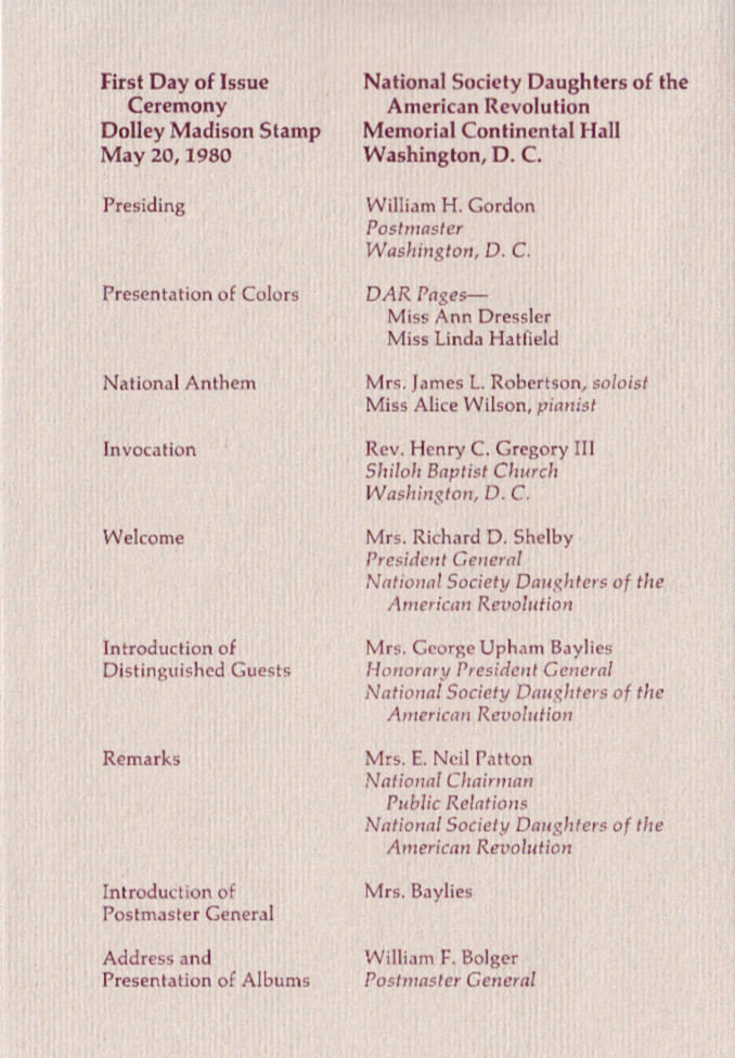 USPS FDC Ceremony Program #1822 C1 Dolley Madison First Lady 1980