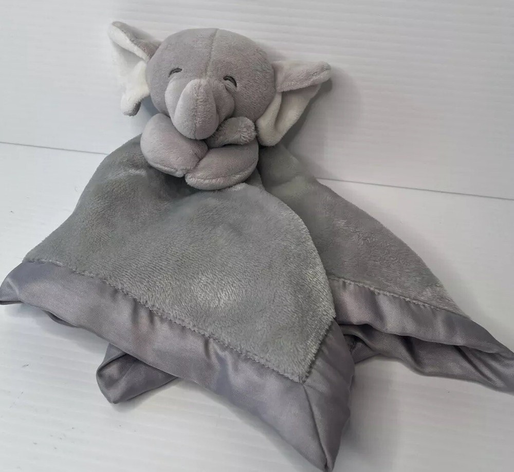 Carters Elephant Plush Satin Lovey Blanket Solid Gray White Ears