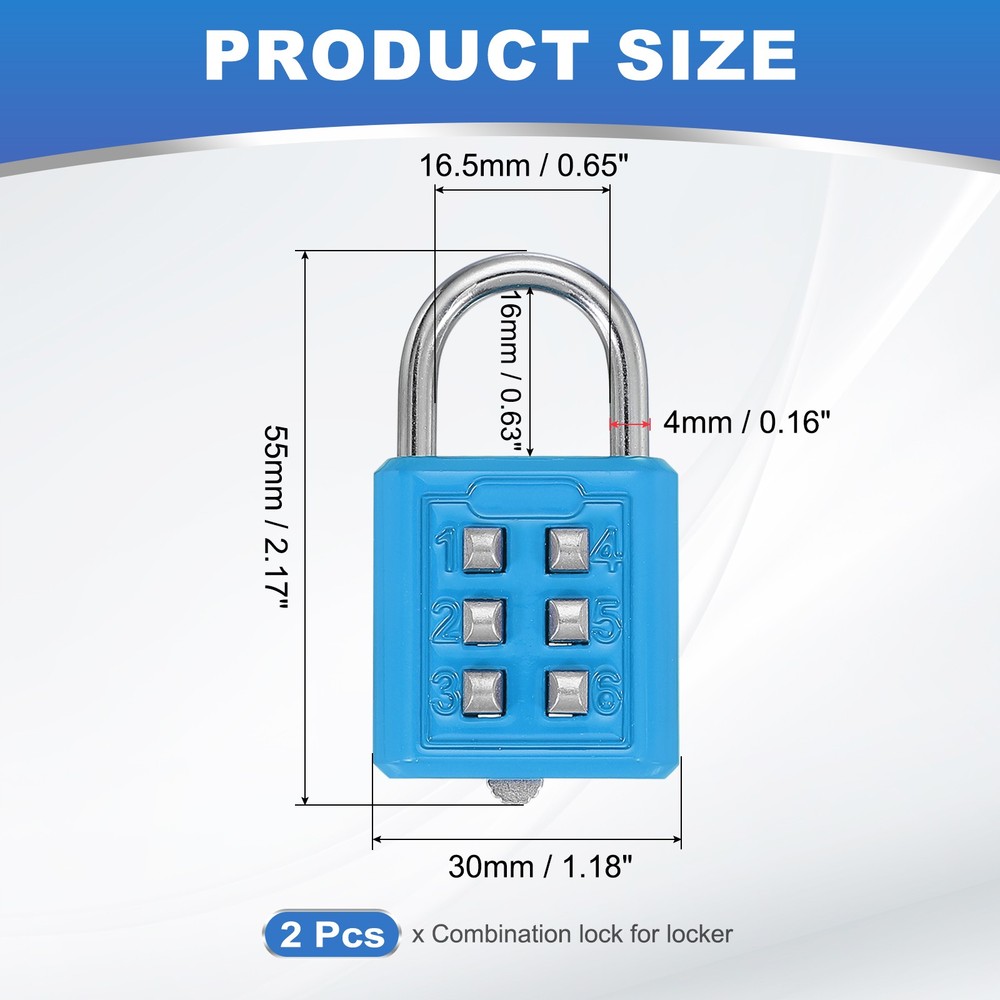 2Pcs Push Button Combination Padlock 6-Digit 3-Position Lock Sky Blue