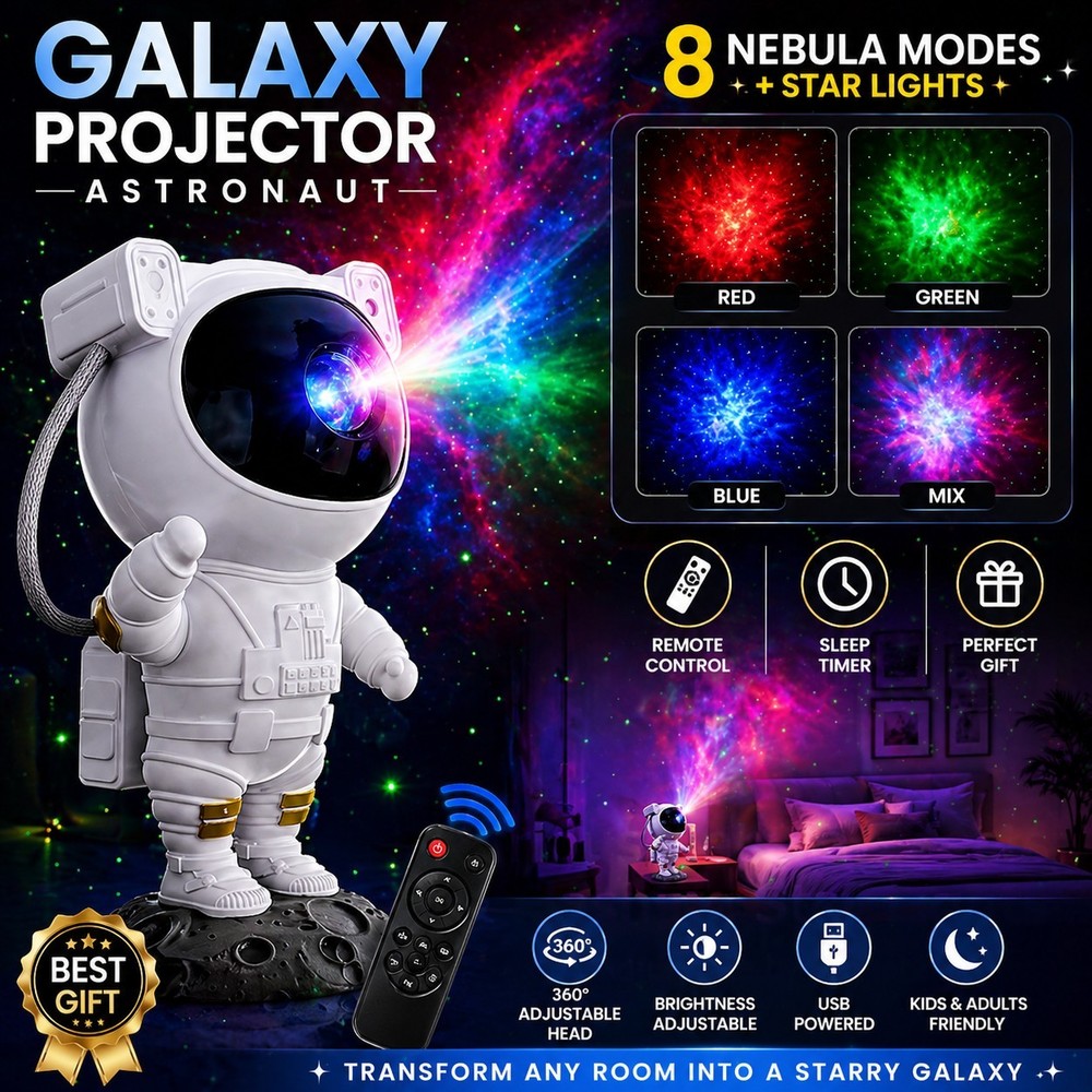 Astronaut Galaxy Projector Night Light, Remote Control, USB, Adjustable