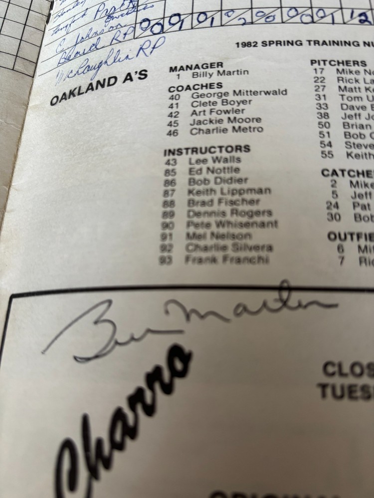 1982 Cubs Spring Program vs Oakland A's scored (Rickey Henderson, Billy Martin)
