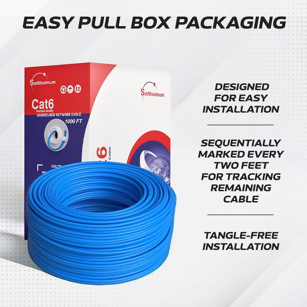 CAT6 Ethernet Cable 1000FT 23AWG CCA Network Solid Bulk Wire, Pull Box, Blue