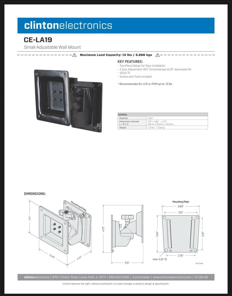 Clinton Electronics CE-LA19X Small Adjustable Wall Mount