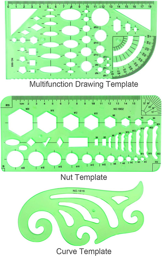 11PCS Geometric Drawings Templates Drafting Stencils Measuring Tools Plastic