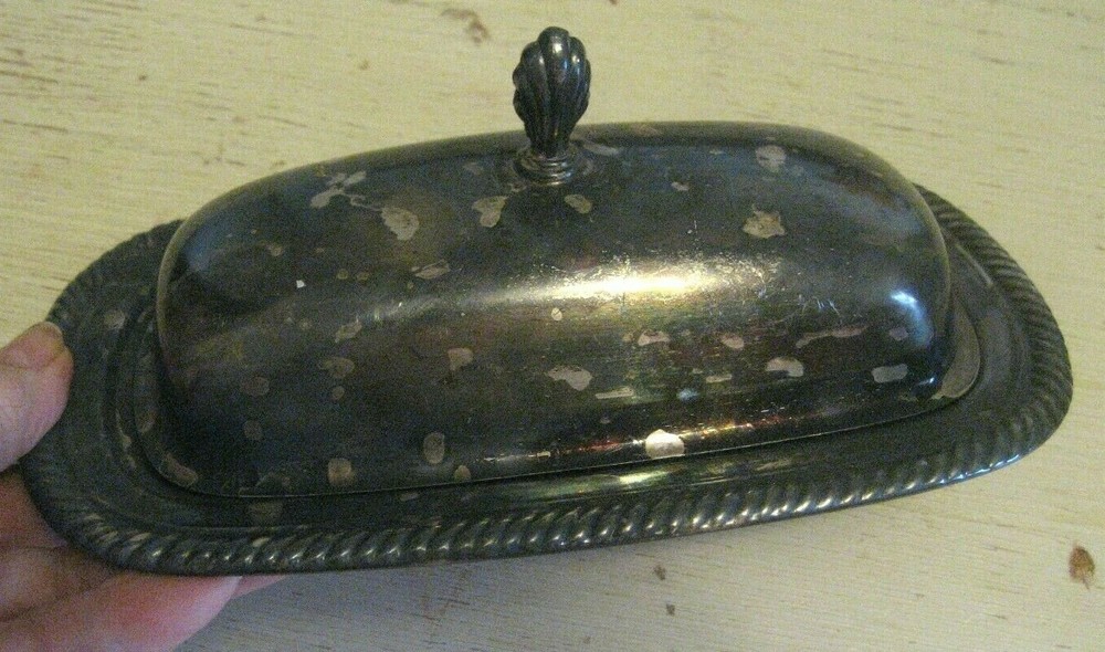 Vtg 8" Silverplate Covered BUTTER DISH Rectangular Wm. Rogers "6"