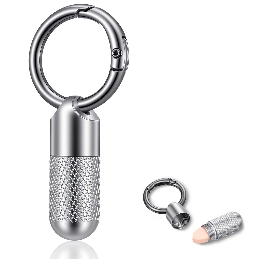 Small Pill Case Keychain Micro Holder Mini Silver and Black