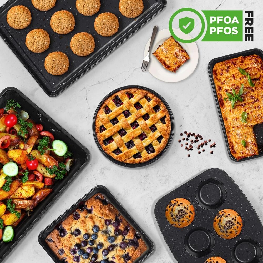 NutriChef 8pcs. Stackable Carbon Steel Bakeware Pan Set- Non-Stick(Black Marble)