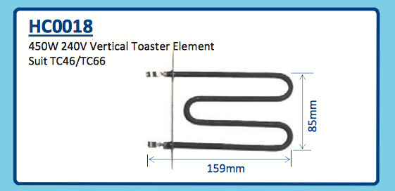 450W 240V VERTICAL TOASTER ELEMENT HC0018 TC46 TC66