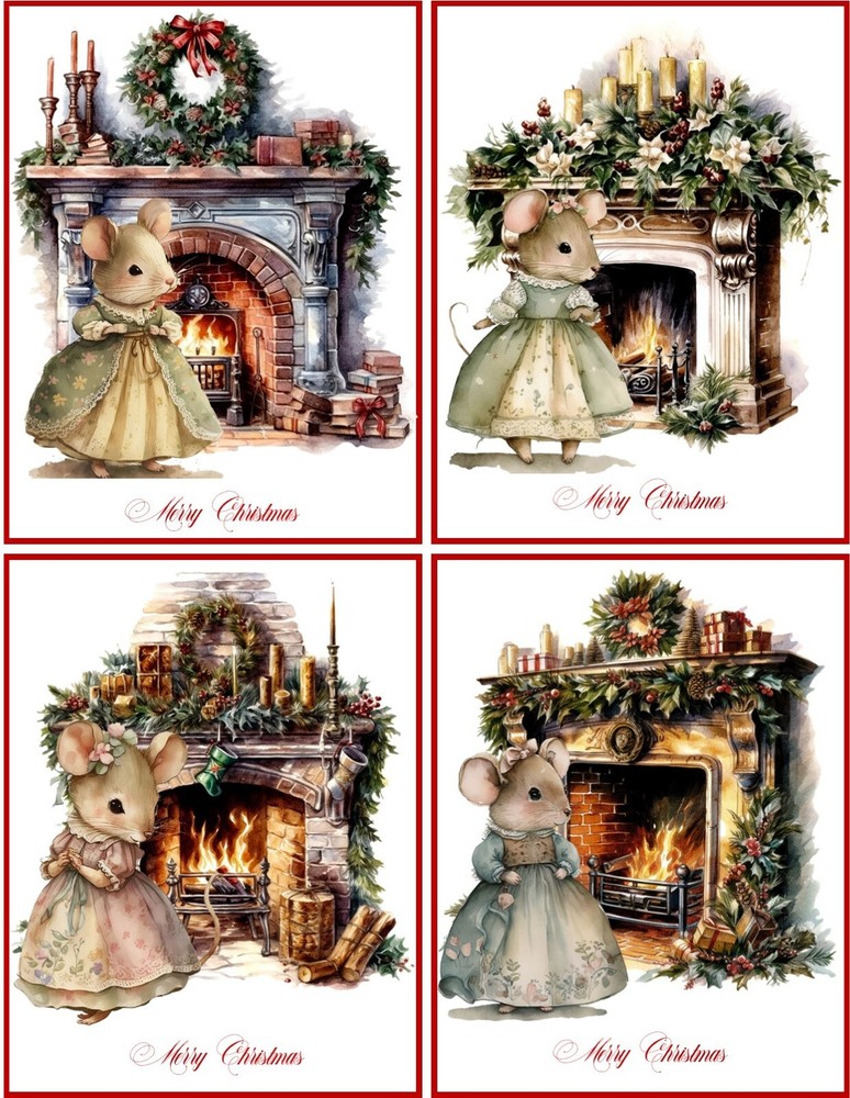 8 CHRISTMAS HOLIDAYS MICE MOUSE CARD FIREPLACE BLANK INSIDE GLOSSY RED ENVELOPE