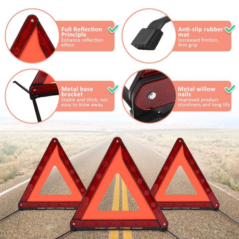3 Warning Triangle Kit DOT Approved Emergency Reflective Warning Road Safety US