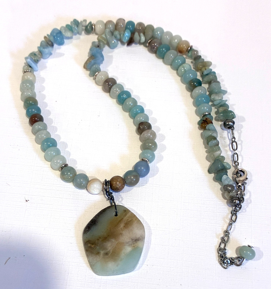 Delicate Boho Light Blue Amazonite Beaded Pendant Necklace: 17"-20"