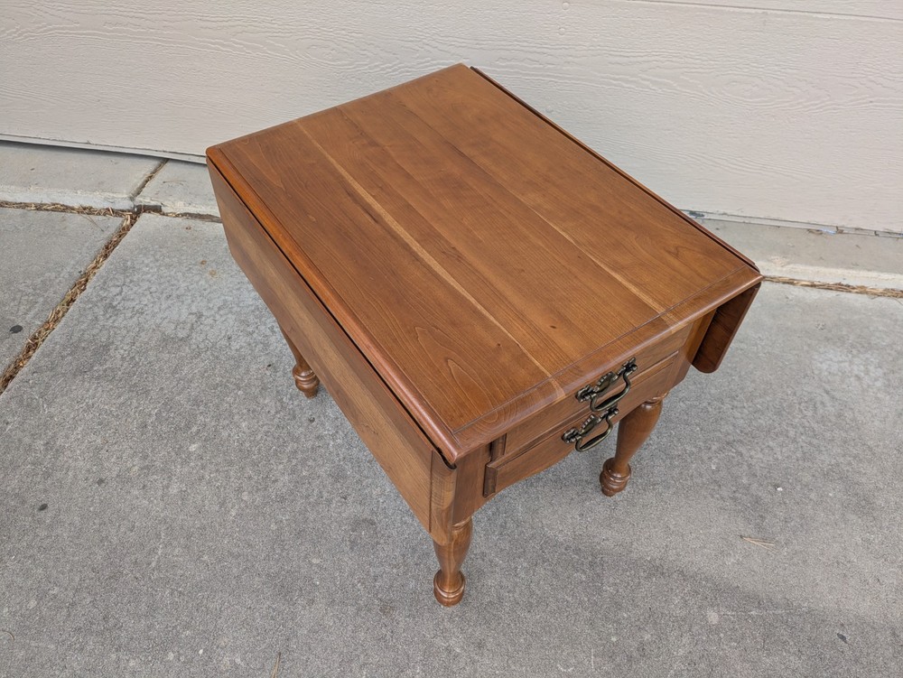 Vintage Rustic Country Colonial Solid Cherry Wood Drop Leaf 2-Drawer End Table A