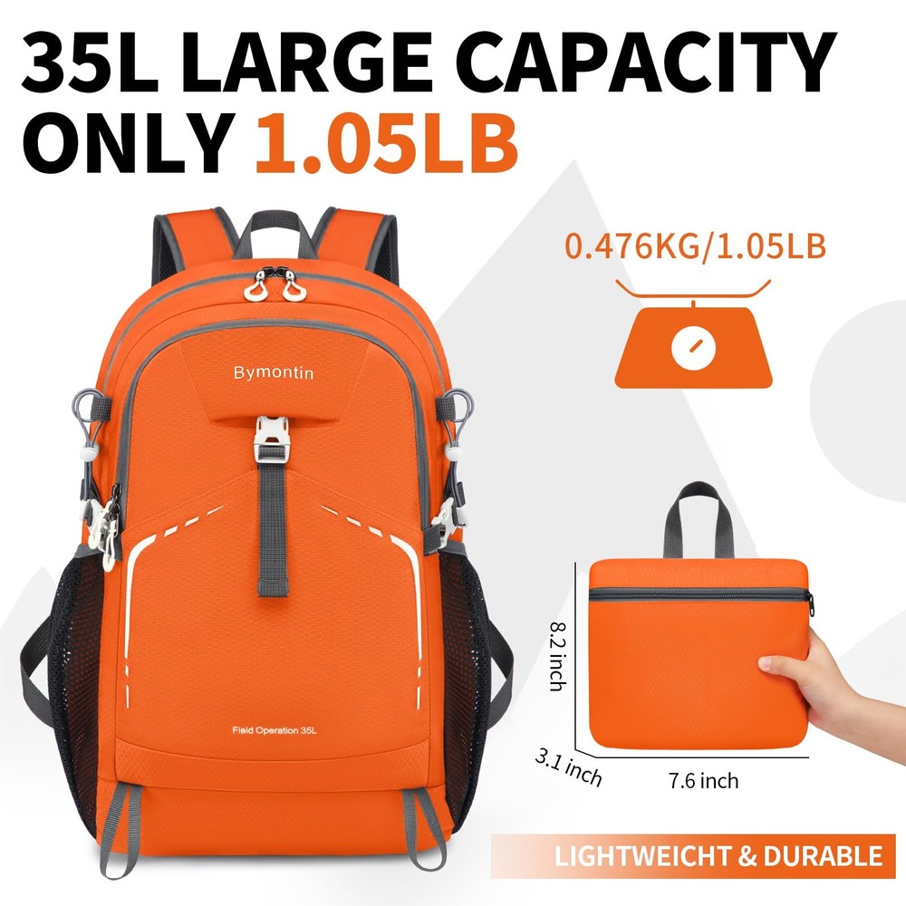 35L Lightweight Packable Backpack Durable Foldable Daypack Travel Gym Orange