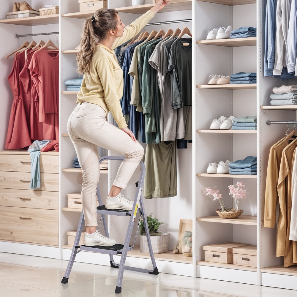 2 Step Ladder Folding Step Stool with Convenient Handgrip Handle 380 lbs Gray